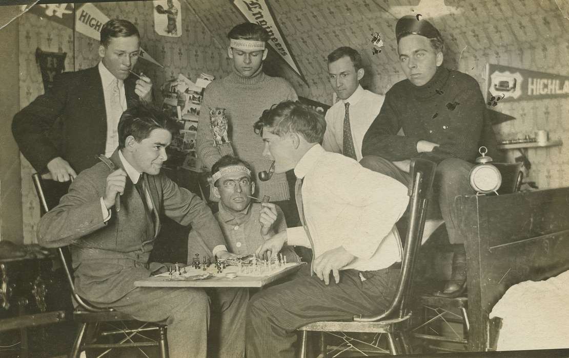 pipe, history of Iowa, Iowa History, chess, smoking, glasses, Dean, Shirley, Iowa, dorm, Des Moines County, IA, Leisure