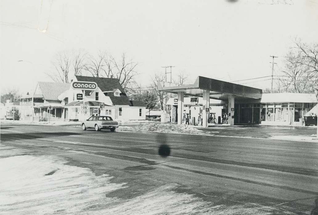 history of Iowa, Iowa History, Winter, Motorized Vehicles, Businesses and Factories, car, Waverly, IA, homes, winter, gas station, Iowa, Cities and Towns, Waverly Public Library