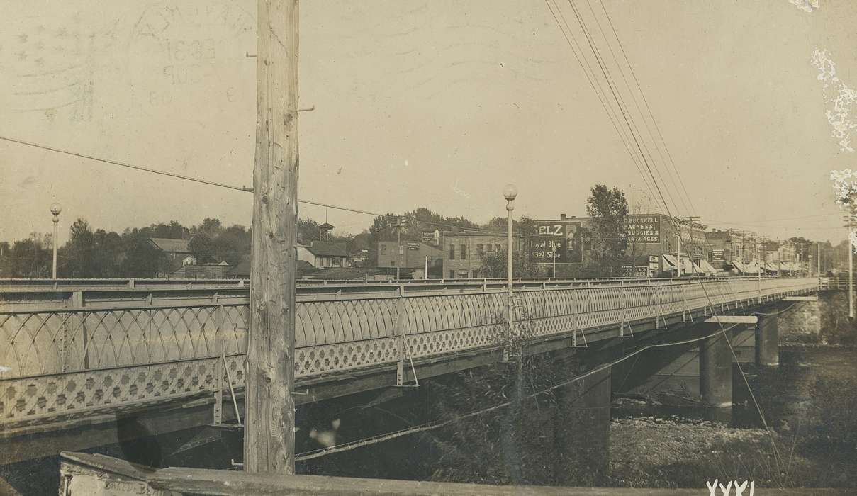 Waverly, IA, utility pole, history of Iowa, Meyer, Sarah, city, Main Streets & Town Squares, bridge, Lakes, Rivers, and Streams, Cities and Towns, Iowa, Businesses and Factories, Iowa History