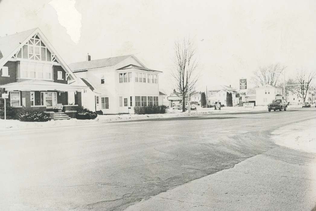 history of Iowa, houses, gas station, Homes, Businesses and Factories, Waverly, IA, Waverly Public Library, Iowa, Motorized Vehicles, Winter, Iowa History, Cities and Towns, winter, cars