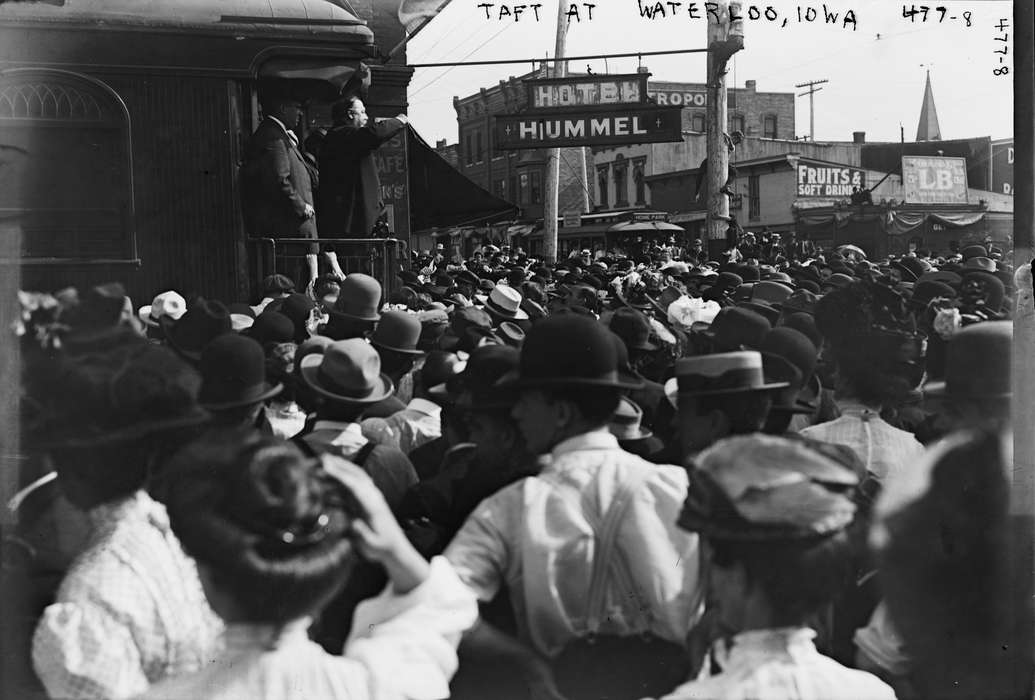 Main Streets & Town Squares, history of Iowa, Iowa History, Entertainment, Library of Congress, Businesses and Factories, Civic Engagement, crowd, president, william howard taft, Iowa, Cities and Towns, Train Stations, train car