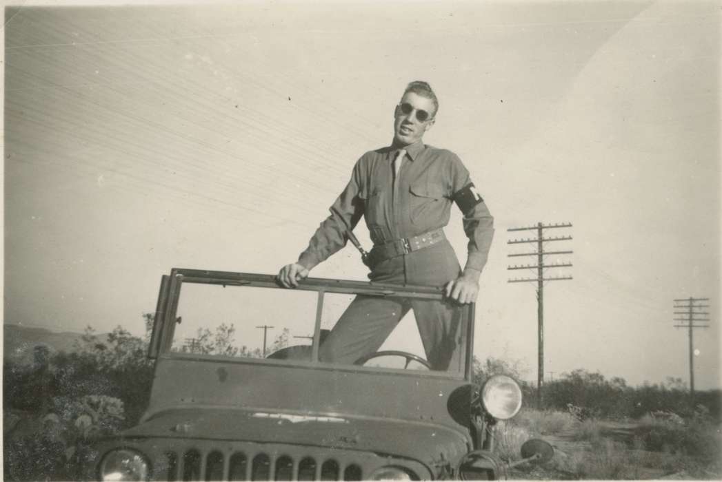 uniform, military police, Travel, Tucson, AZ, Iowa, Military and Veterans, jeep, Little, Jeanne Weigel, car, Portraits - Individual, history of Iowa, Motorized Vehicles, Iowa History