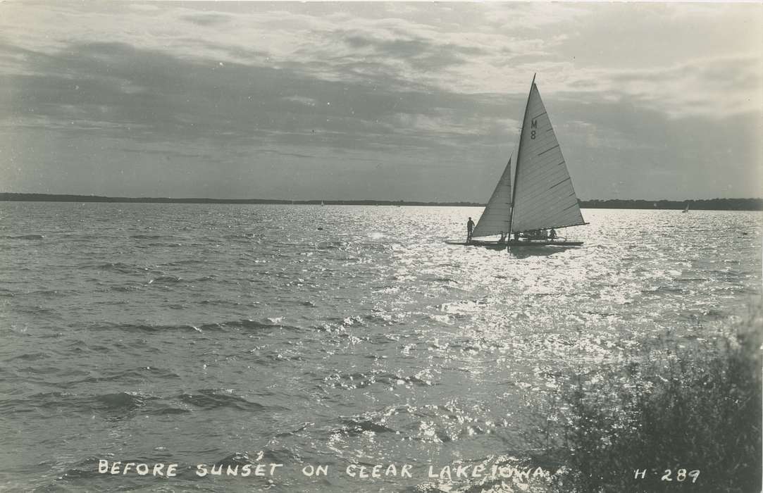 Outdoor Recreation, Landscapes, Iowa, boat, Palczewski, Catherine, Lakes, Rivers, and Streams, Clear Lake, IA, sailboat, history of Iowa, sunset, Iowa History