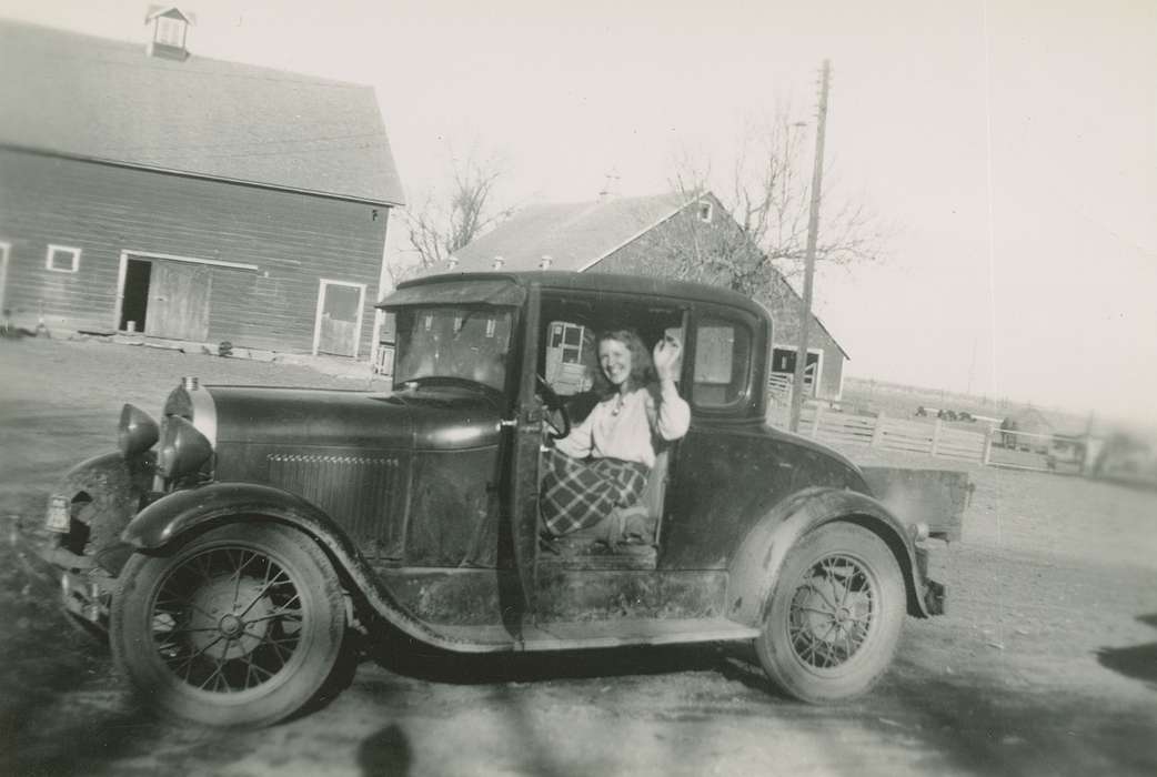 history of Iowa, Portraits - Individual, Iowa History, Schmillen, Gloria, Marcus, IA, barn, Motorized Vehicles, car, Iowa, wave