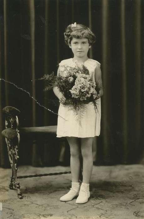 Wilson, Dorothy, history of Iowa, Iowa, socks, USA, dress, Portraits - Individual, curtain, Children, Iowa History, bench, bouquet