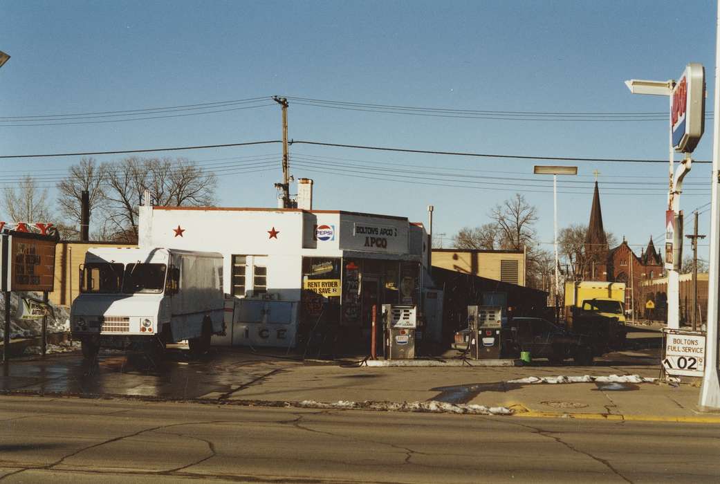 Businesses and Factories, Cities and Towns, Iowa History, Iowa, Waverly Public Library, church, gas station, Waverly, IA, Main Streets & Town Squares, delivery truck, history of Iowa