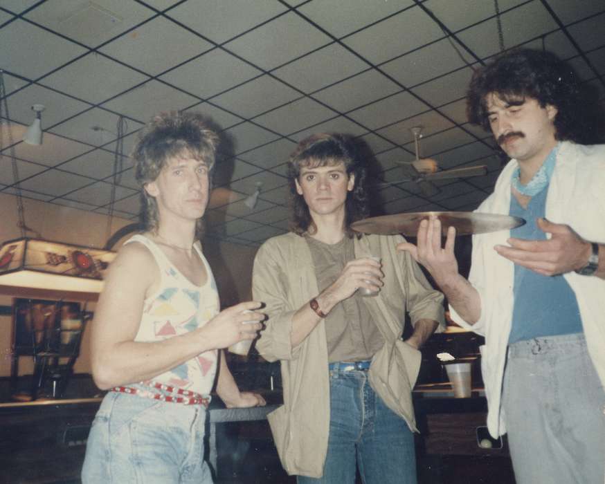 Portraits - Group, denim, IA, Businesses and Factories, musicians, cymbol, mullet, mustache, beer, miller lite, history of Iowa, Iowa History, Entertainment, bar, tank top, Joblinske, Sandy, Iowa, hairstyle, Leisure