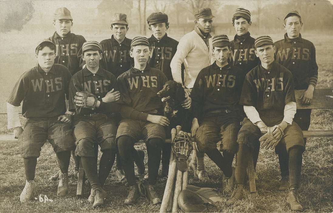 baseball bat, Waverly, IA, post card, history of Iowa, postcard, baseball team, coach, Animals, Iowa, baseball, high school, Waverly Public Library, Children, Sports, Iowa History, baseball hat, Portraits - Group, Schools and Education