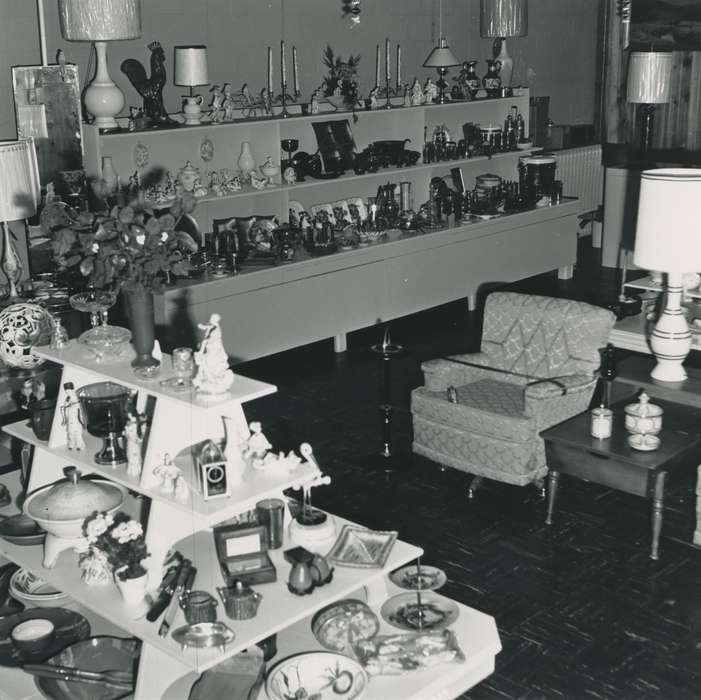 history of Iowa, candle, Businesses and Factories, Waverly Public Library, tchotchke, armchair, Iowa, Iowa History, correct date needed, dishes, salt shaker, bowl, Waverly, IA, ashtray, display, plate, table, lamp, knickknack