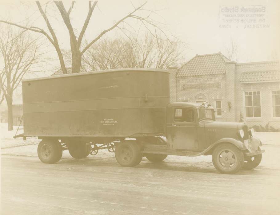 history of Iowa, Iowa History, delivery, Winter, Motorized Vehicles, truck, O'Brink, Lisa, Iowa, Cities and Towns, headlight, tires, ice cream