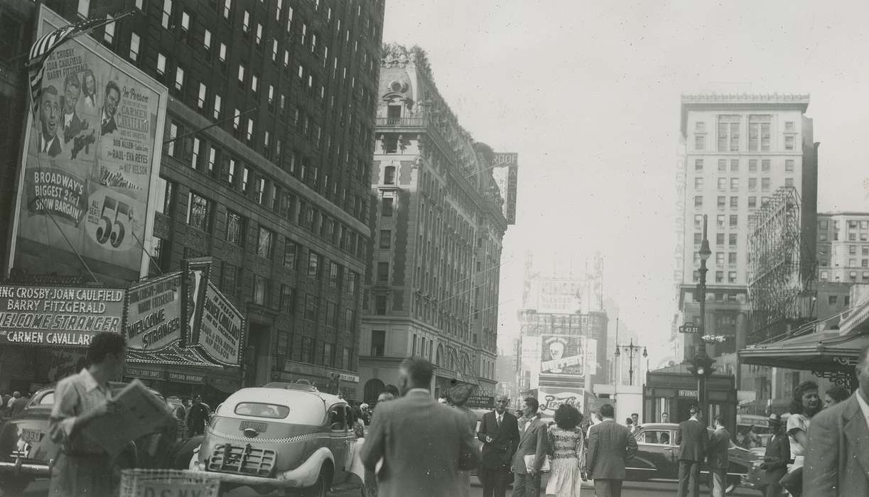 billboard, Travel, history of Iowa, Iowa History, newspaper, Motorized Vehicles, Businesses and Factories, car, street light, Iowa, Cities and Towns, McMurray, Doug, sign, New York, NY, suit