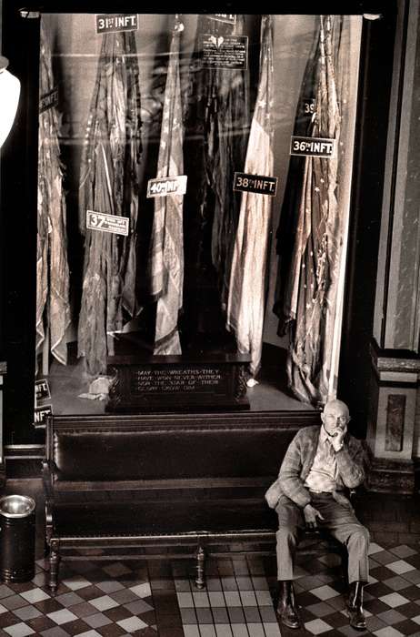 flag, elderly, history of Iowa, Lemberger, LeAnn, civil war, tile, glass, Iowa, trash can, Portraits - Individual, Des Moines, IA, Military and Veterans, Iowa History, bench, Leisure