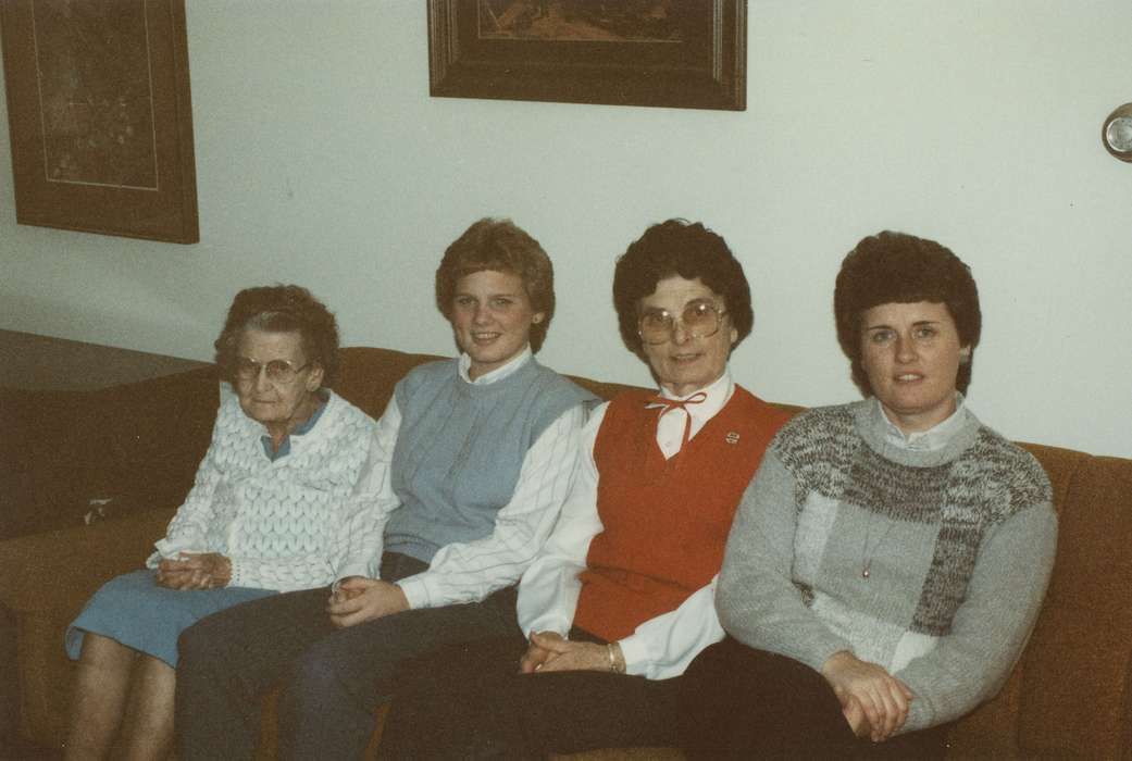 Portraits - Group, sweater vest, elderly, woman, Hegland, Merlyn, Iowa History, Iowa, couch, living room, Story City, IA, Homes, history of Iowa