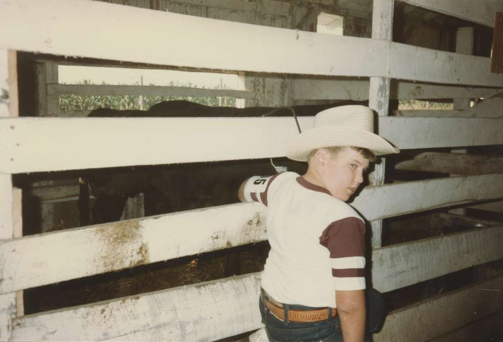 Animals, Portraits - Individual, cow, Iowa History, Iowa, Harken, Nichole, Delaware County, IA, barn, cowboy hat, Children, Fairs and Festivals, history of Iowa