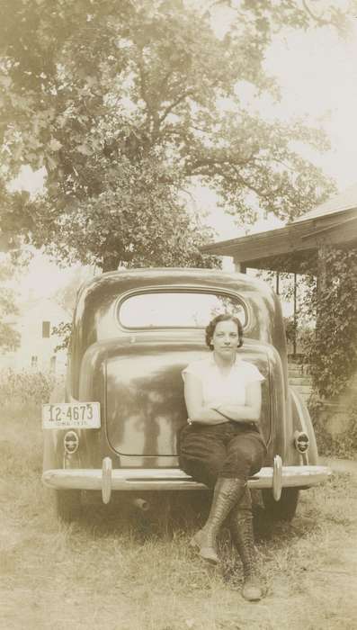 boots, IA, history of Iowa, Motorized Vehicles, Elderkin, Don, Iowa, car, house, Portraits - Individual, Iowa History, woman, tree