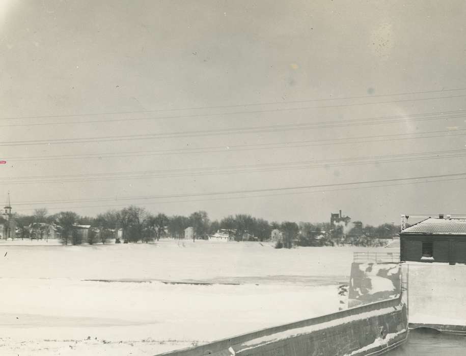 history of Iowa, Landscapes, factory, Waverly Public Library, snow, Waverly, IA, Main Streets & Town Squares, Iowa, Winter, Iowa History, bridge