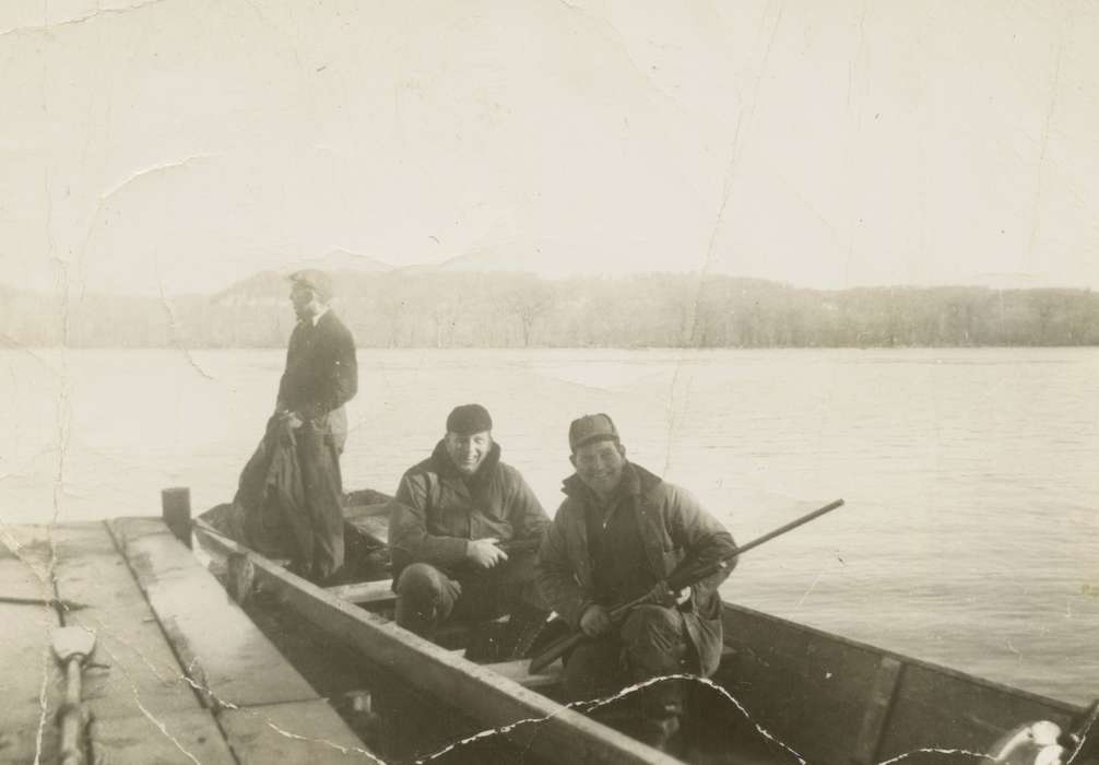 Outdoor Recreation, Portraits - Group, IA, Freeman, Marie, Iowa, dock, hat, boat, Lakes, Rivers, and Streams, gun, history of Iowa, Iowa History