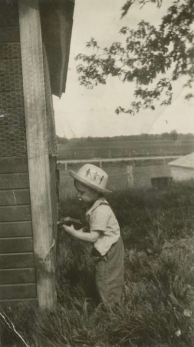 Weber, Karen and Kenny, hat, hammer, Animals, Iowa History, Iowa, Keota, IA, Farms, Children, chicken coop, history of Iowa