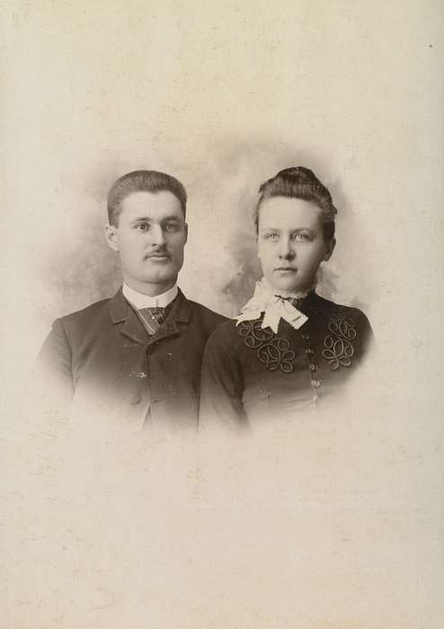 Portraits - Group, history of Iowa, embroidery, Iowa History, woman, couple, ribbon, Olsson, Ann and Jons, man, cabinet photo, Iowa, Harlan, IA, mustache