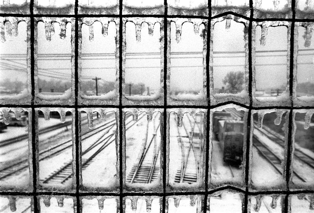 ice, Landscapes, train, Iowa, Train Stations, telephone pole, fence, railroad, train track, Ottumwa, IA, Lemberger, LeAnn, Winter, history of Iowa, Motorized Vehicles, Iowa History