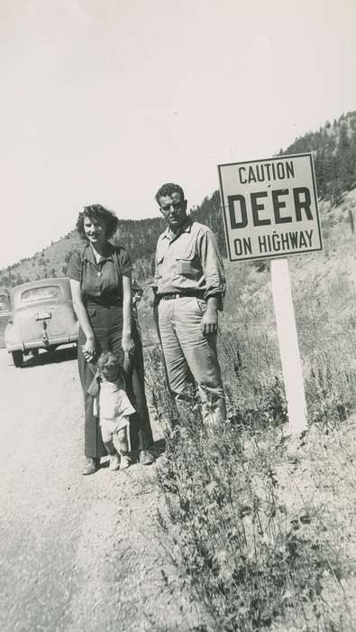Portraits - Group, Travel, Campopiano Von Klimo, Melinda, history of Iowa, Iowa History, highway, Families, automobile, Motorized Vehicles, road, deer, car, Iowa, CO, sign, mountain