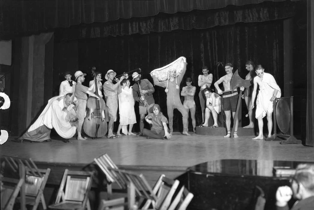 curtain, UNI Special Collections & University Archives, university of northern iowa, Entertainment, Cedar Falls, IA, theater, history of Iowa, costume, iowa state teachers college, stage, Iowa History, Iowa, saxophone, theatre, chair, Schools and Education, uni, pit, cello