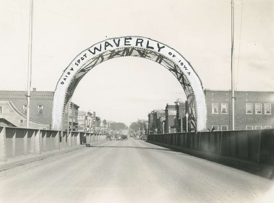Main Streets & Town Squares, bridge, arch, Iowa History, history of Iowa, car, business, Waverly, IA, Holidays, Iowa, Cities and Towns, correct date needed, Waverly Public Library
