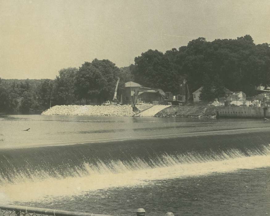 riverbank, crane, history of Iowa, Iowa History, Motorized Vehicles, excavator, Lakes, Rivers, and Streams, Waverly, IA, Iowa, Landscapes, Waverly Public Library, dam