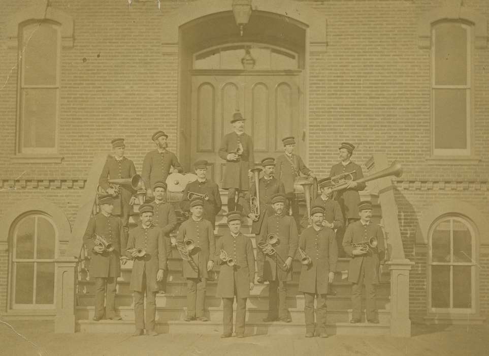 Waverly Public Library, double door, Iowa History, history of Iowa, window, saxhorn, Iowa, tuba, trombone, stairs, frock coat