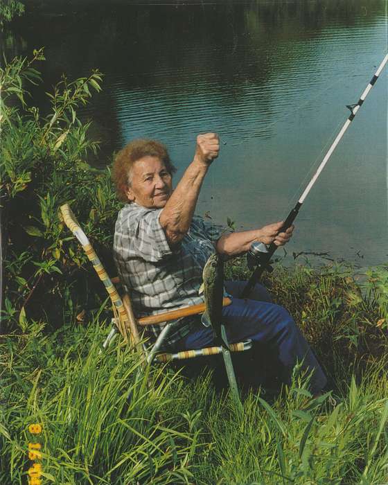 grandmother, lake, history of Iowa, Iowa History, fishing pole, largemouth bass, Lakes, Rivers, and Streams, lawn chair, fish, fishing, pond, Washington County, IA, Iowa, Hospodarsky, Todd, Leisure, grandma, Portraits - Individual