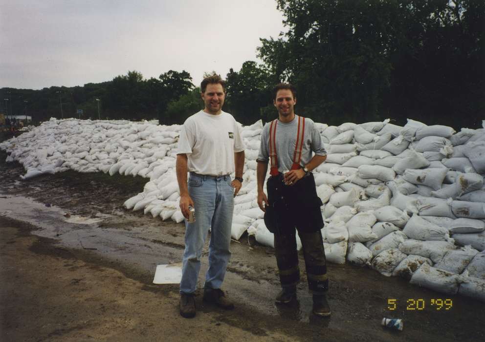 Portraits - Group, Iowa, dam, suspenders, Lakes, Rivers, and Streams, Anamosa, IA, Hatcher, Cecilia, sandbag, history of Iowa, Floods, Iowa History