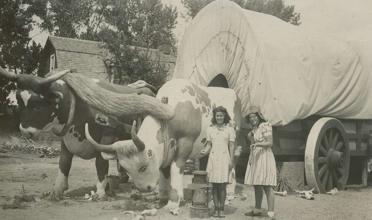 Portraits - Group, Travel, North Platte, NE, history of Iowa, Iowa History, covered wagon, sisters, oxen, ox, wagon, Iowa, McMurray, Doug, pose, silly