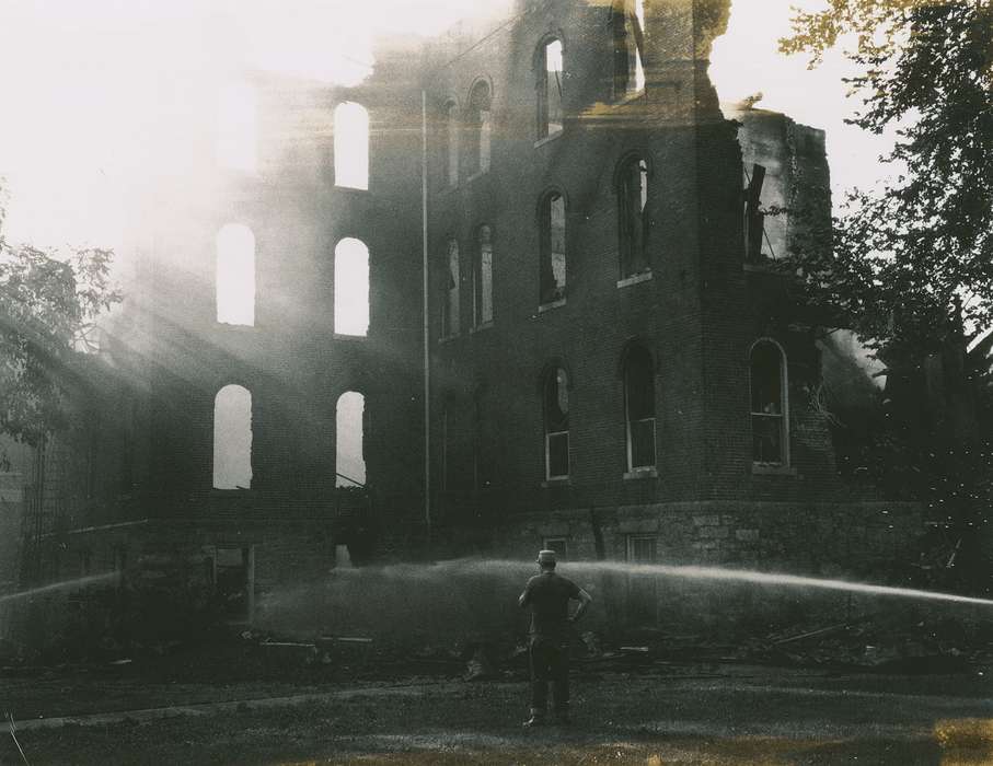 hose, state college of iowa, Iowa History, Iowa, Schools and Education, university of northern iowa, uni, history of Iowa, central hall, UNI Special Collections & University Archives, Cedar Falls, IA, fire