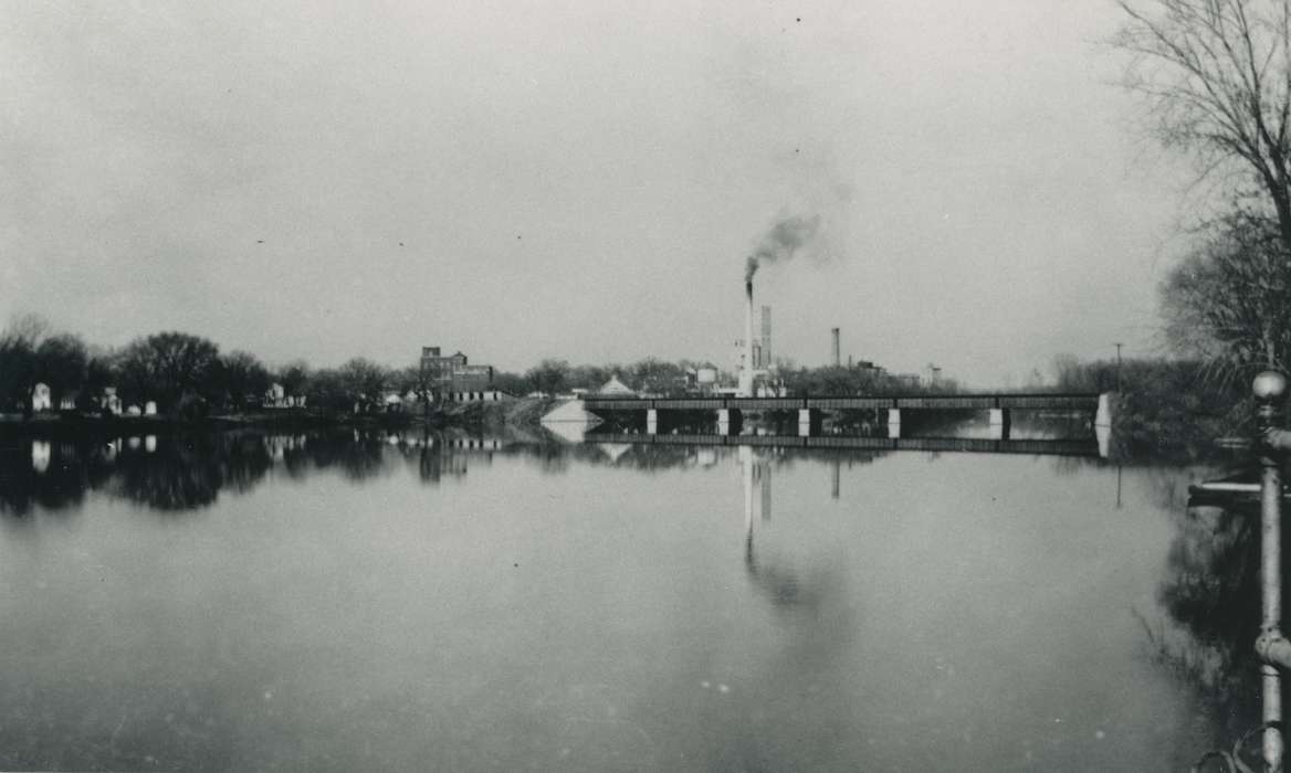 landscape, history of Iowa, Iowa History, Cities and Towns, factory, Businesses and Factories, Lakes, Rivers, and Streams, Waverly, IA, town, river, Iowa, Landscapes, correct date needed, Waverly Public Library