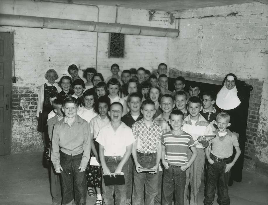 Portraits - Group, history of Iowa, Iowa History, children, basement, nun, Iowa, Schools and Education, Children, Waverly Public Library, building interior