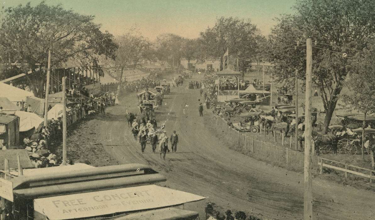 Cities and Towns, Animals, Motorized Vehicles, Waverly Public Library, history of Iowa, horse and buggy, dirt road, stands, Fairs and Festivals, Iowa, horse, Iowa History, horse carriage, parade