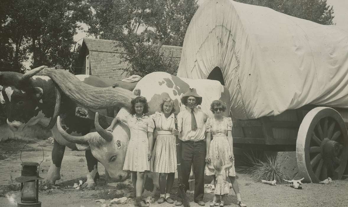 Portraits - Group, oxen, Travel, Iowa, silly, Iowa History, McMurray, Doug, Families, North Platte, NE, covered wagon, history of Iowa, ox, costume, wagon