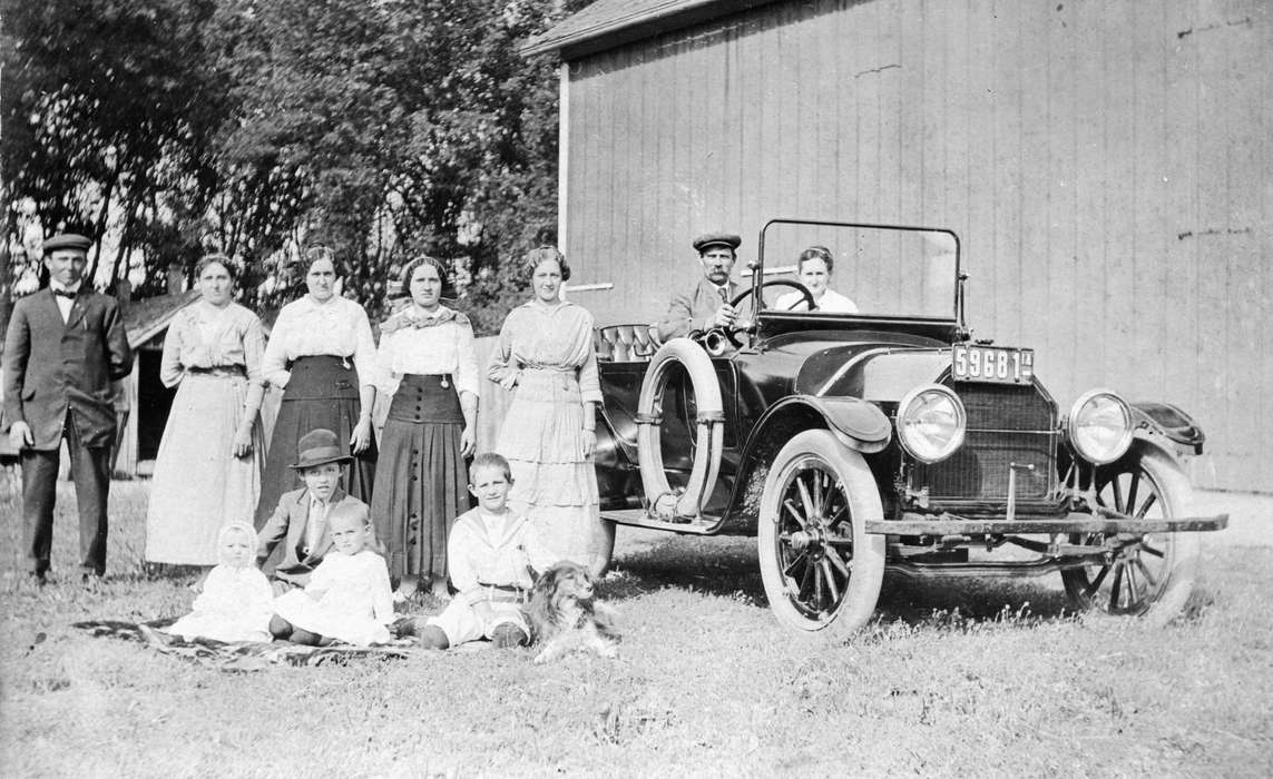 Motorized Vehicles, Iowa History, Barns, Children, Iowa, Farms, history of Iowa, Portraits - Group, Animals, car, dog, Families, license plate, Cedar Falls, IA, Walker, Erik