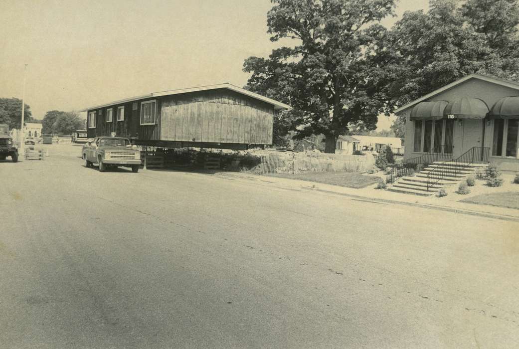 house moving, excavator, truck, Homes, Waverly Public Library, Iowa, fence, Landscapes, history of Iowa, Iowa History, Waverly, IA