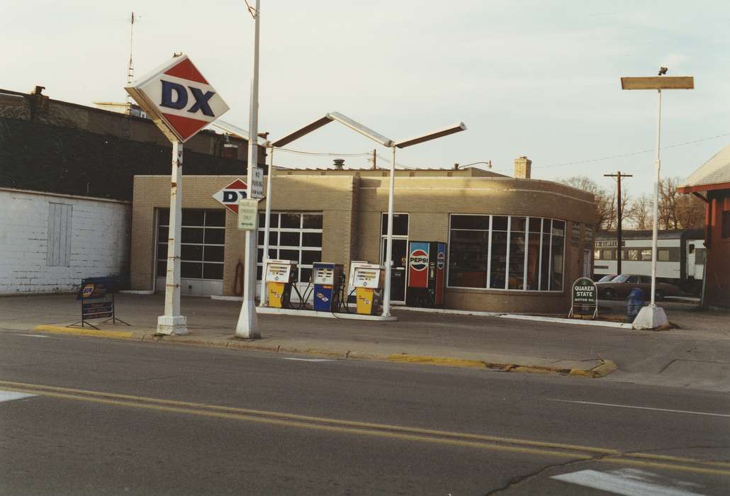 history of Iowa, gas station, Businesses and Factories, Waverly, IA, Waverly Public Library, Main Streets & Town Squares, Iowa, pop machine, gas pump, Iowa History, Cities and Towns