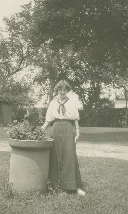 Portraits - Individual, correct date needed, yard, girl, Children, Waverly Public Library, Iowa, history of Iowa, Iowa History, planter