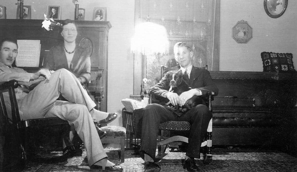 Portraits - Group, gathering, dog, history of Iowa, Iowa History, Webster City, IA, Animals, rocking chair, Iowa, piano, Homes, Curtis, Leonard, Leisure, lamp