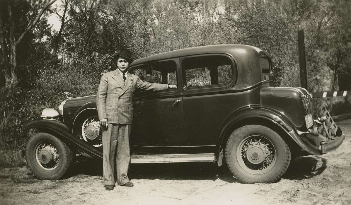 italian american, Campopiano Von Klimo, Melinda, history of Iowa, Iowa History, Motorized Vehicles, Polk County, IA, car, lasalle, cadillac, Iowa, hat, suit, Portraits - Individual