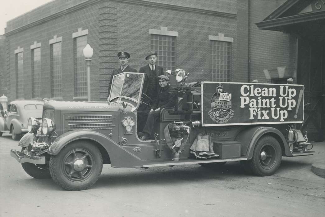 Waverly, IA, fire truck, history of Iowa, firefighters, Motorized Vehicles, Iowa, Cities and Towns, Waverly Public Library, Labor and Occupations, Iowa History, Portraits - Group