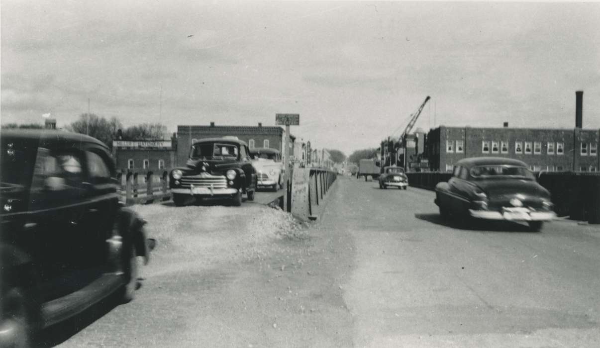 crane, history of Iowa, Waverly Public Library, Waverly, IA, Main Streets & Town Squares, Iowa, main street, Motorized Vehicles, car, Iowa History, Cities and Towns, bridge