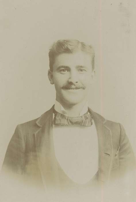 Portraits - Individual, Olsson, Ann and Jons, Iowa History, Iowa, mustache, wing tip collar, Des Moines, IA, man, bow tie, cabinet photo, history of Iowa