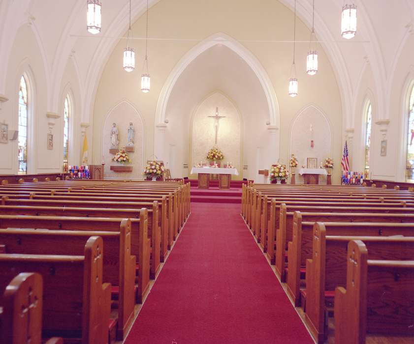 catholic, Religious Structures, Iowa History, history of Iowa, pews, crucifix, altar, Iowa, Clinton, IA, church, catholic church, Clinton Public Library