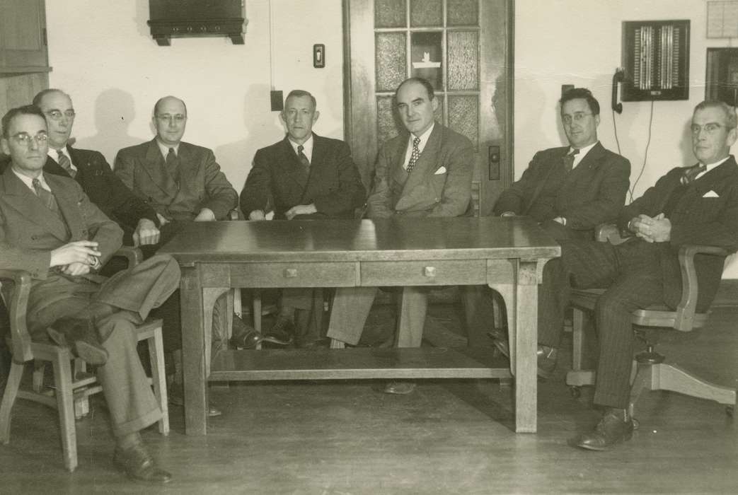 Portraits - Group, table, school board, Iowa History, history of Iowa, Civic Engagement, meeting, Iowa, correct date needed, Waverly Public Library, suit