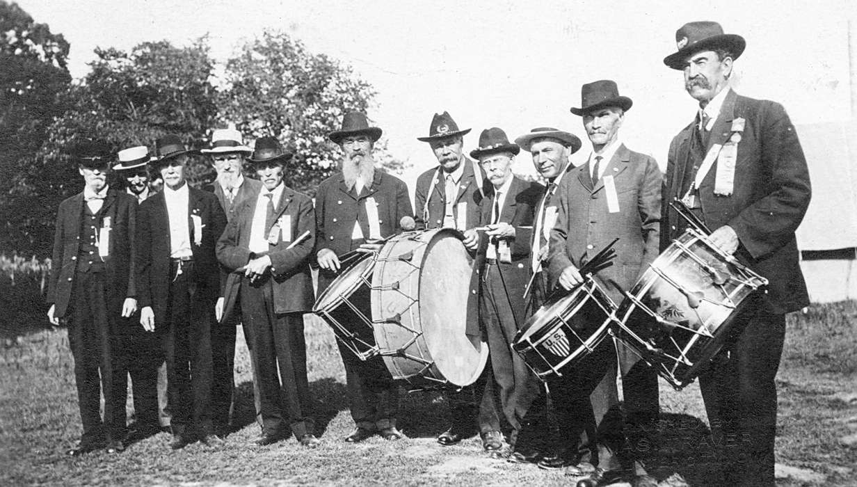 drum, uniform, history of Iowa, hat, Iowa, Curtis, Leonard, Families, Military and Veterans, music, Entertainment, Iowa History, Portraits - Group, Webster City, IA