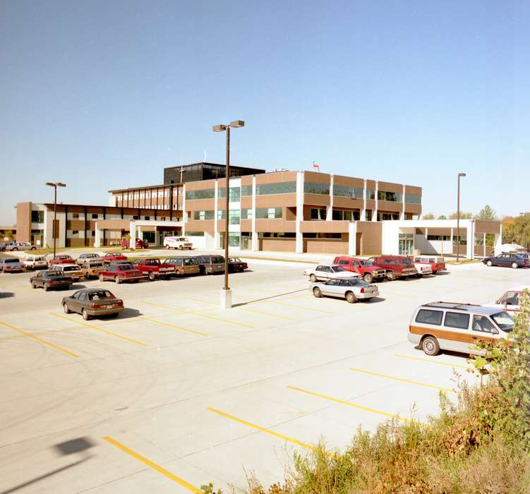 Hospitals, history of Iowa, chrysler, hospital, Iowa, Cities and Towns, car, parking lot, van, red car, Clinton Public Library, Clinton, IA, oldsmobile, Iowa History